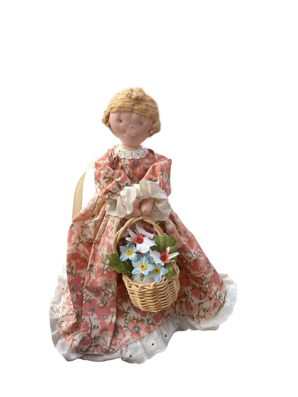 Vintage Peach Floral Basket-Handle Girls' Dress Doll folk art vintage country
